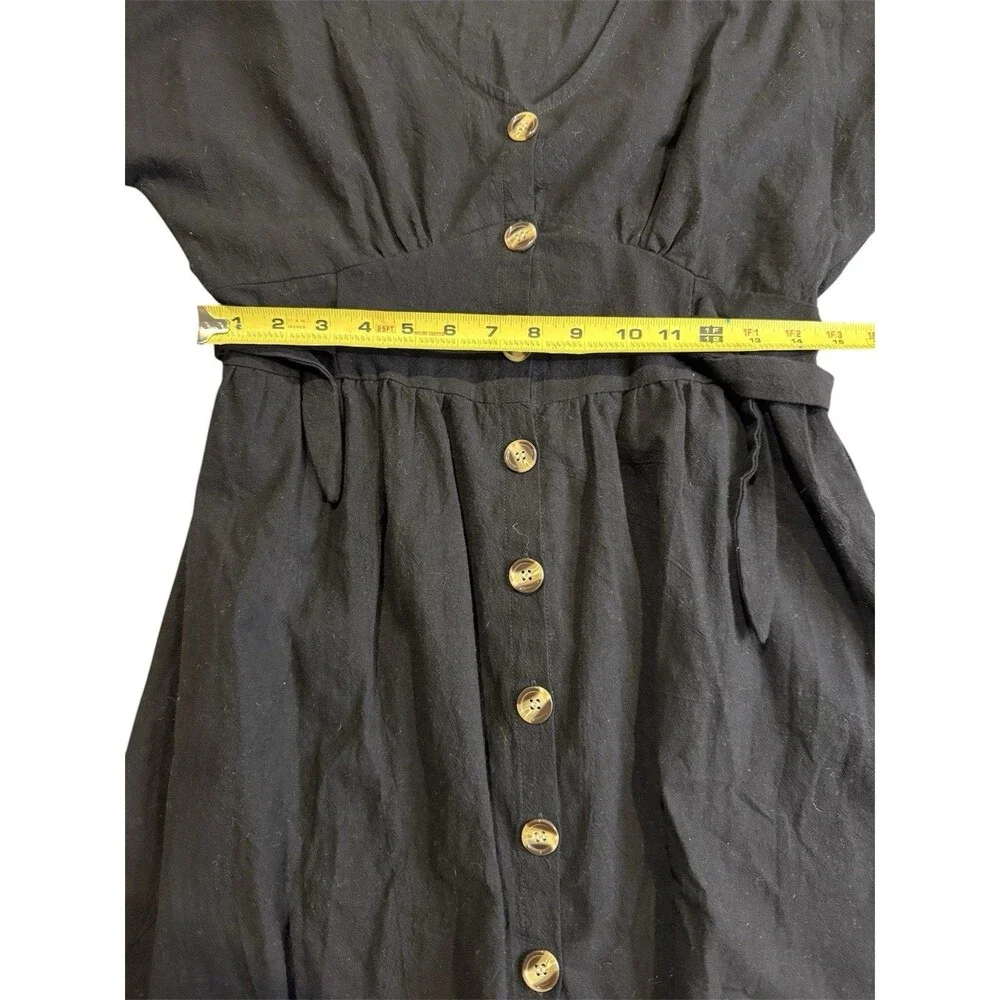 Womens Black Button Front Dress V Neck Tie Waist Short Sleeve Mini Large Classic - Picture 5 of 6